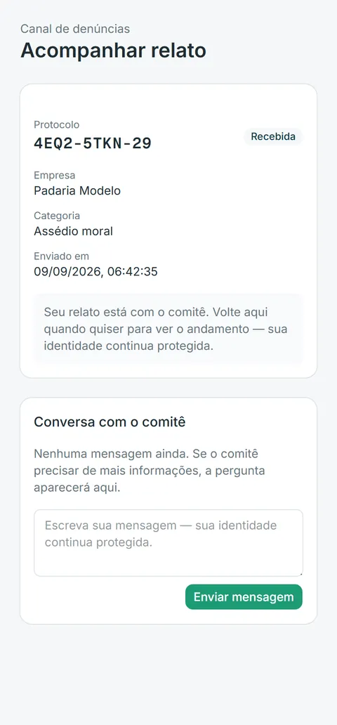 Tela de acompanhamento do relato pelo protocolo, com a conversa com o comitê.