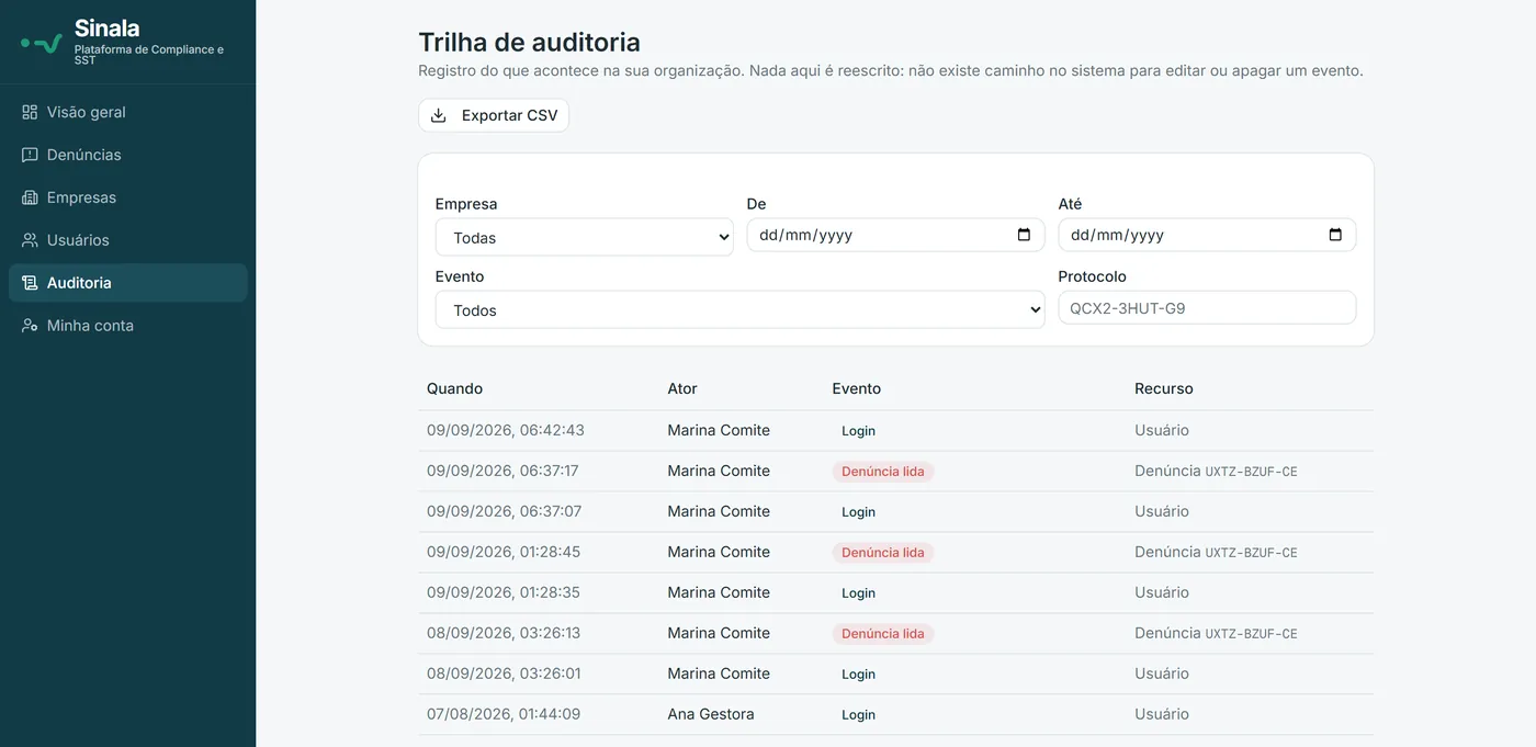 Trilha de auditoria do Sinala Voz, com os eventos de login, leitura e triagem de cada denúncia.