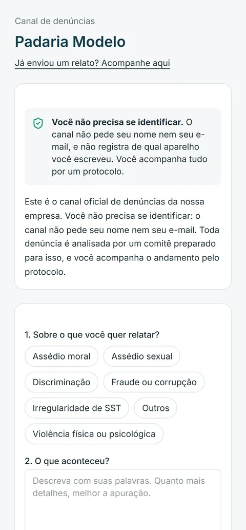 Portal público do canal no celular, com o aviso de anonimato e as categorias de relato.